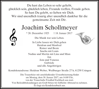 Traueranzeige von Joachim Schollmeyer von  Usinger Anzeiger