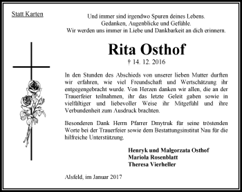 Traueranzeige von Rita Osthof von VRM Trauer