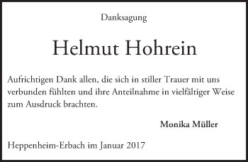 Traueranzeige von Helmut Hohrein von Trauerportal Echo Online