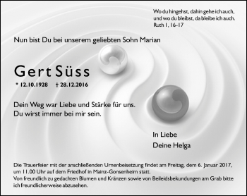 Traueranzeige von Gert Süss von Trauerportal Rhein Main Presse