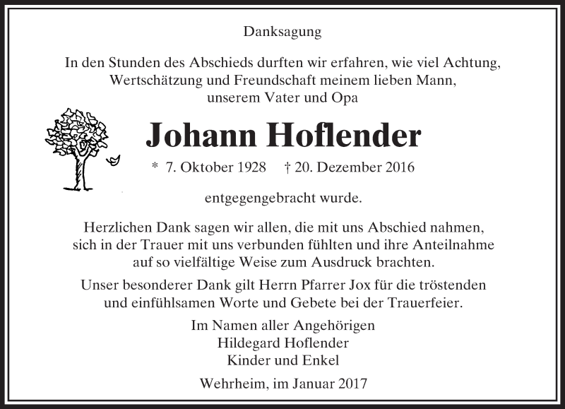  Traueranzeige für Johann Hoflender vom 14.01.2017 aus  Usinger Anzeiger