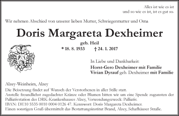 Traueranzeige von Doris Margareta Dexheimer von Trauerportal Rhein Main Presse