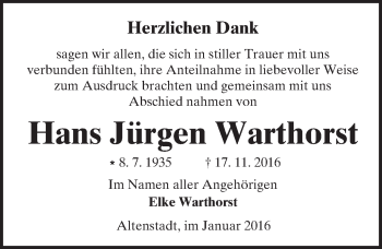Traueranzeige von Hans Jürgen Warthorst von  Kreisanzeiger