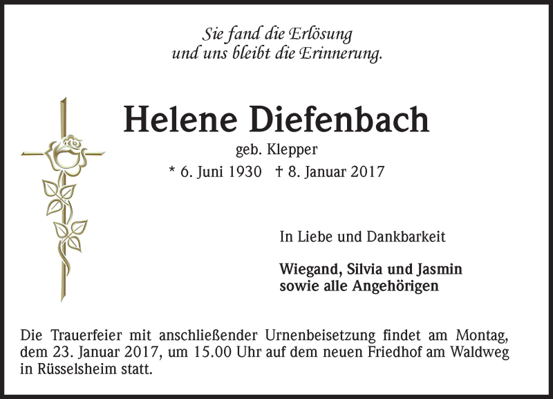  Traueranzeige für Helene Diefenbach vom 14.01.2017 aus Trauerportal Rhein Main Presse