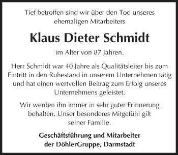 Traueranzeige von Klaus Dieter Schmidt von Trauerportal Echo Online