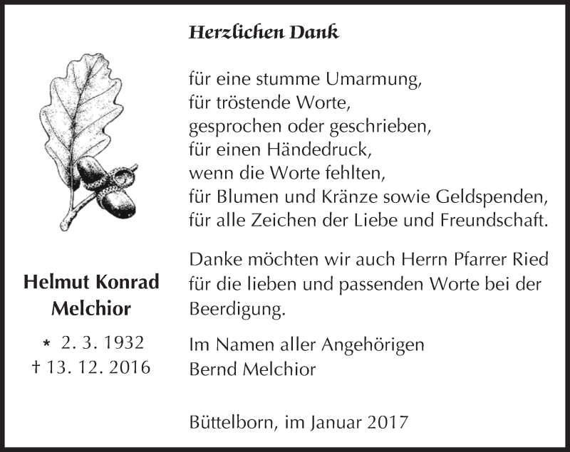 Traueranzeige für Helmut Konrad Melchior vom 14.01.2017 aus Trauerportal Echo Online