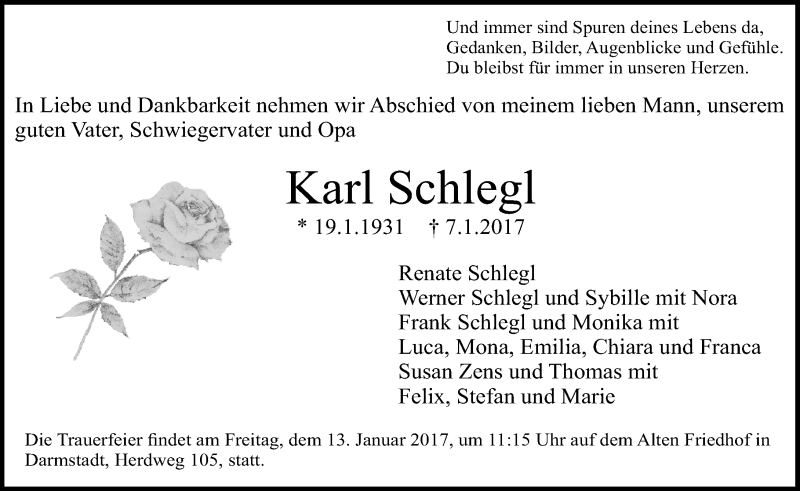  Traueranzeige für Karl Schlegl vom 11.01.2017 aus Trauerportal Echo Online