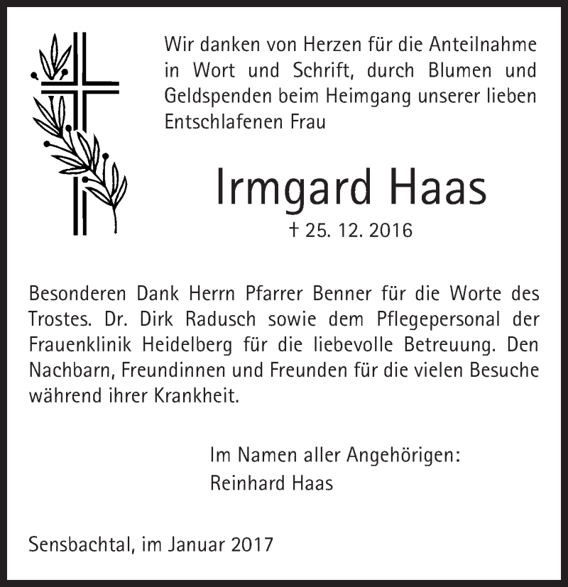  Traueranzeige für Irmgard Haas vom 19.01.2017 aus Trauerportal Echo Online