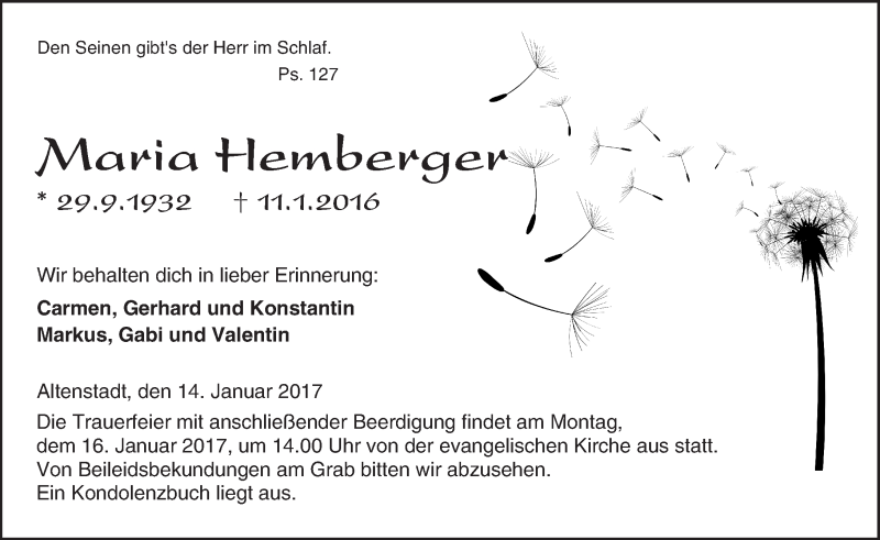  Traueranzeige für Maria Hemberger vom 14.01.2017 aus  Kreisanzeiger