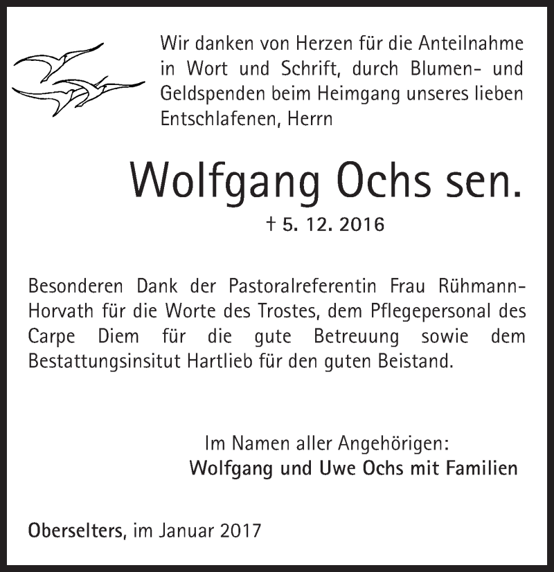  Traueranzeige für Wolfgang Ochs vom 05.01.2017 aus  Camberger Anzeiger