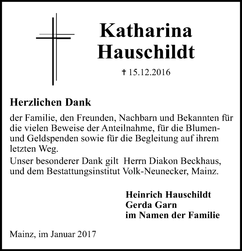  Traueranzeige für Katharina Hauschildt vom 14.01.2017 aus Trauerportal Rhein Main Presse