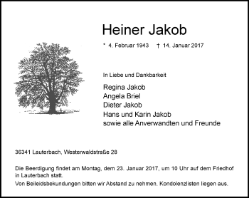 Traueranzeige von Heiner Jakob von VRM Trauer
