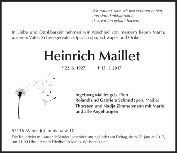 Traueranzeige von Heinrich Maillet von Trauerportal Rhein Main Presse