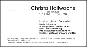 Traueranzeige von Christa Hallwachs von Trauerportal Rhein Main Presse