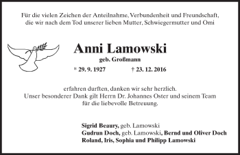 Traueranzeige von Anni Lamowski von Trauerportal Rhein Main Presse