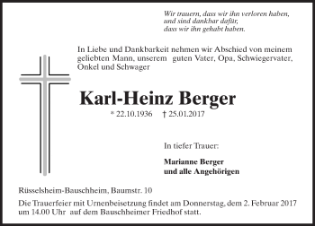 Traueranzeige von Karl-Heinz Berger von Trauerportal Rhein Main Presse