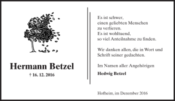 Traueranzeige von Hermann Betzel von Trauerportal Rhein Main Presse