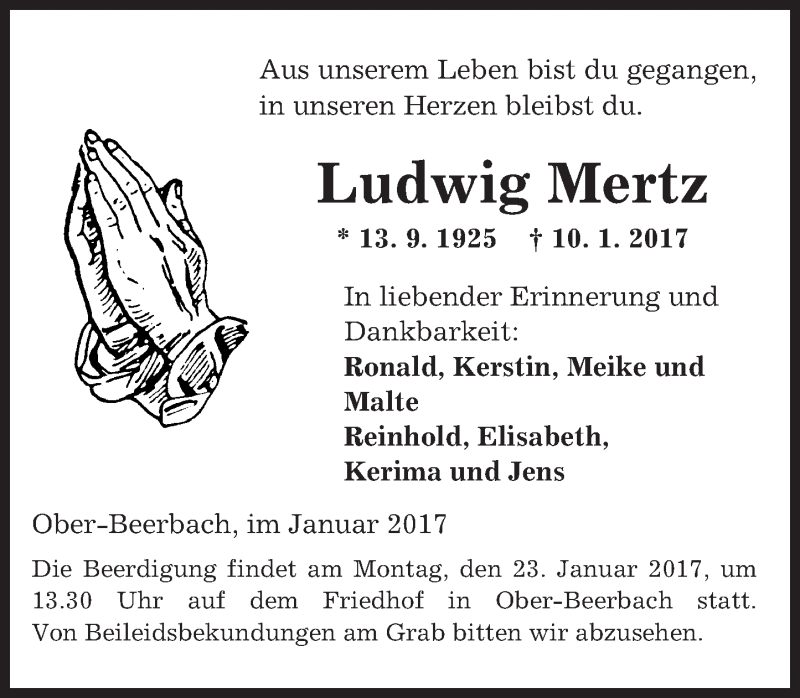 Traueranzeige für Ludwig Mertz vom 14.01.2017 aus Trauerportal Echo Online