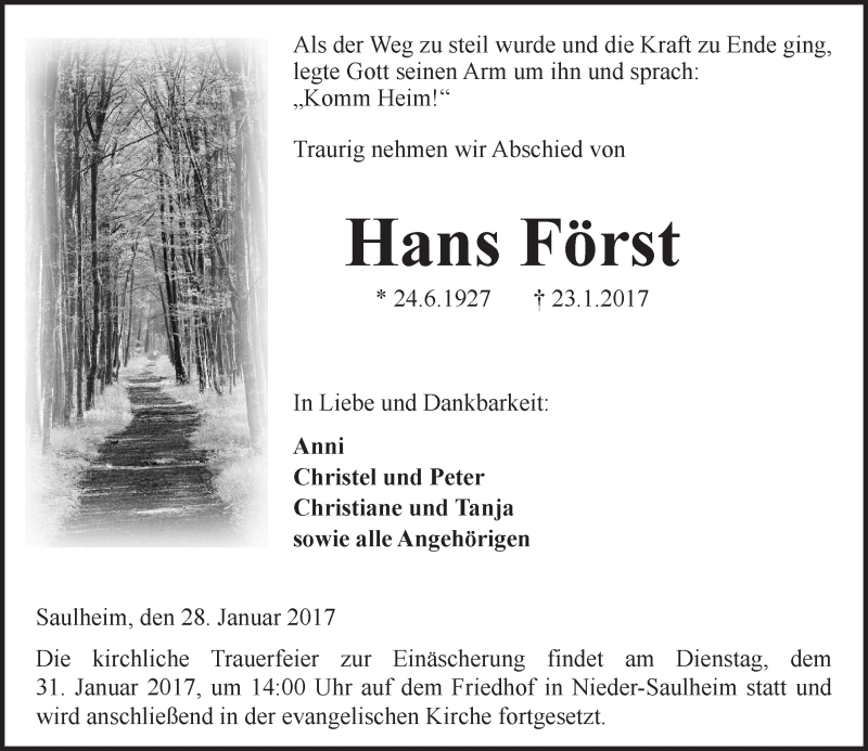  Traueranzeige für Hans Först vom 28.01.2017 aus Trauerportal Rhein Main Presse