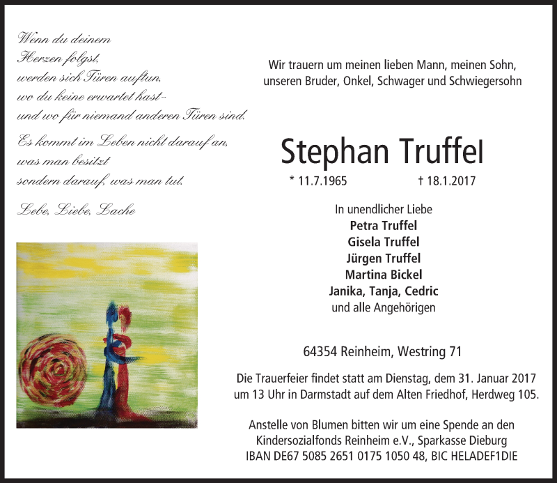  Traueranzeige für Stephan Truffel vom 28.01.2017 aus Trauerportal Echo Online