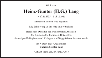 Traueranzeige von Heinz-Günter Lang von Trauerportal Echo Online