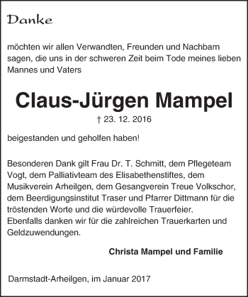 Traueranzeige von Claus-Jürgen Mampel von Trauerportal Echo Online