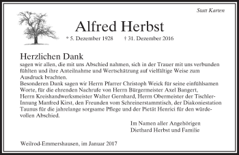 Traueranzeige von Alfred Herbst von  Usinger Anzeiger