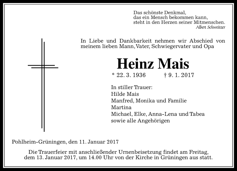  Traueranzeige für Heinz Mais vom 11.01.2017 aus  Gießener Anzeiger