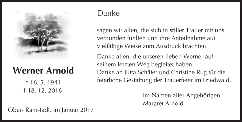  Traueranzeige für Werner Arnold vom 28.01.2017 aus Trauerportal Echo Online
