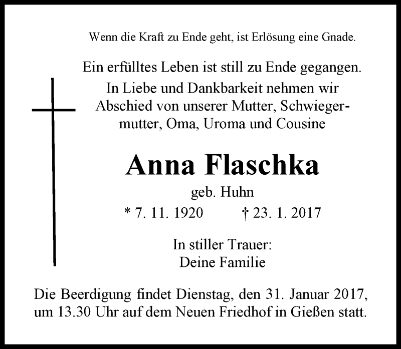  Traueranzeige für Anna Flaschka vom 27.01.2017 aus  Gießener Anzeiger