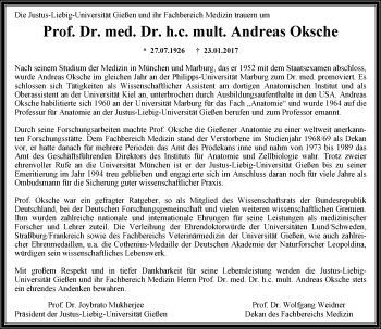 Traueranzeige von Andreas Oksche von  Gießener Anzeiger
