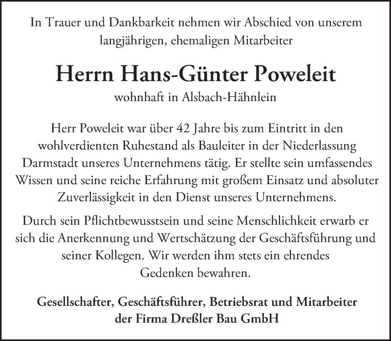  Traueranzeige für Hans-Günter Poweleit vom 04.01.2017 aus Trauerportal Echo Online