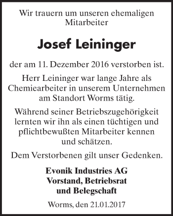 Traueranzeige von Josef Leininger von Trauerportal Rhein Main Presse