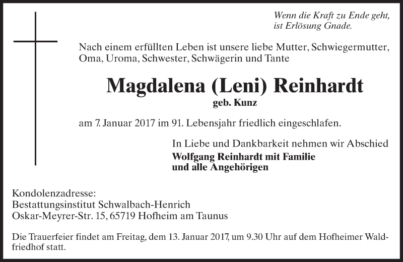  Traueranzeige für Magdalena Reinhardt vom 10.01.2017 aus Trauerportal Rhein Main Presse