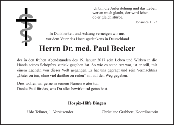 Traueranzeige von Paul Becker von Trauerportal Rhein Main Presse