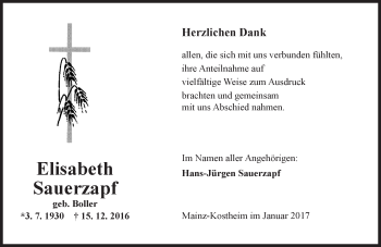Traueranzeige von Elisabeth Sauerzapf von Trauerportal Rhein Main Presse