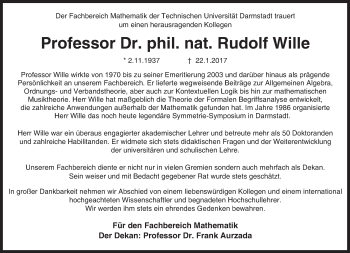Traueranzeige von Rudolf Wille von Trauerportal Echo Online