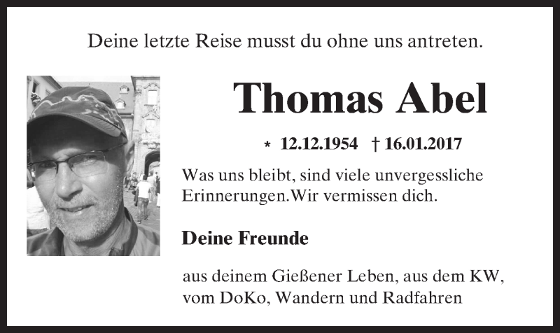  Traueranzeige für Thomas Abel vom 25.01.2017 aus  Gießener Anzeiger