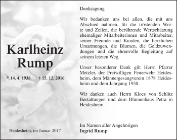 Traueranzeige von Karlheinz Rump von Trauerportal Rhein Main Presse