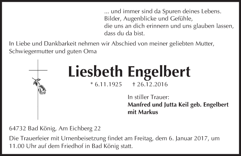  Traueranzeige für Liesbeth Engelbert vom 04.01.2017 aus Trauerportal Echo Online