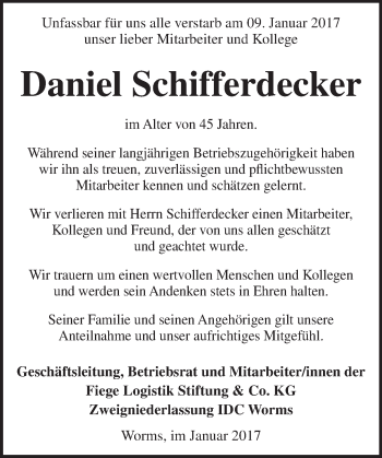 Traueranzeige von Daniel Schifferdecker von Trauerportal Rhein Main Presse