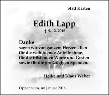 Traueranzeige von Edith Lapp von Trauerportal Rhein Main Presse