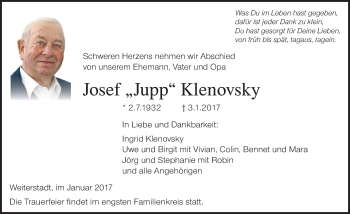 Traueranzeige von Josef Klenovsky von Trauerportal Echo Online