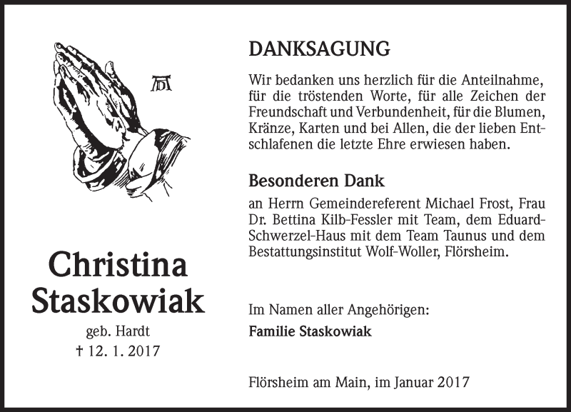  Traueranzeige für Christina Staskowiak vom 28.01.2017 aus Trauerportal Rhein Main Presse