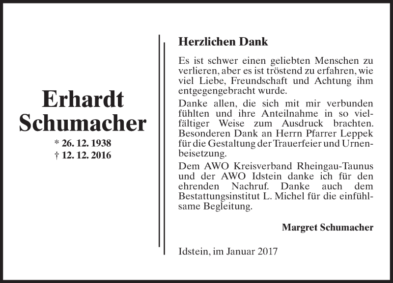  Traueranzeige für Erhardt Schumacher vom 28.01.2017 aus Trauerportal Rhein Main Presse