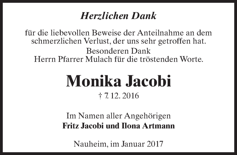  Traueranzeige für Monika Jacobi vom 10.01.2017 aus Trauerportal Echo Online