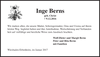 Traueranzeige von Inge Berns von Trauerportal Rhein Main Presse
