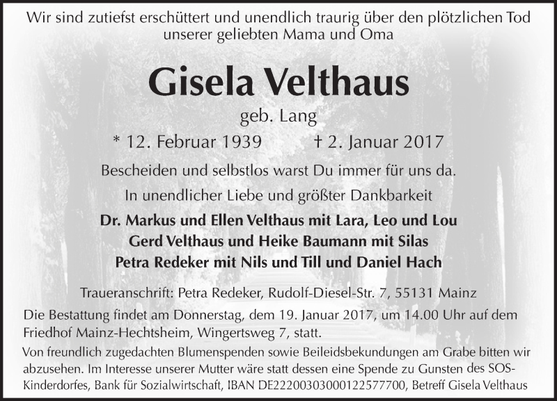  Traueranzeige für Gisela Velthaus vom 14.01.2017 aus Trauerportal Rhein Main Presse