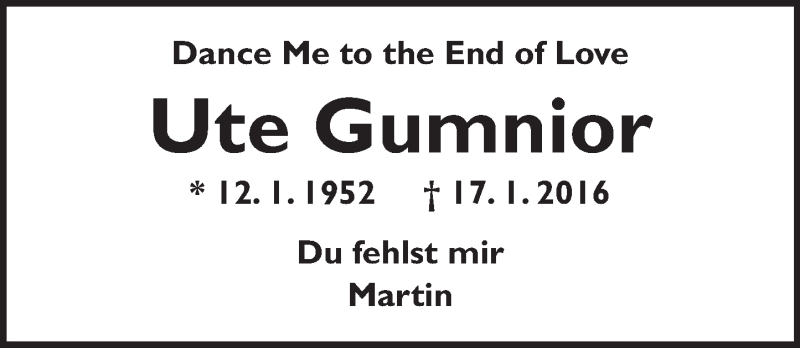  Traueranzeige für Ute Gumnior vom 17.01.2017 aus Trauerportal Rhein Main Presse