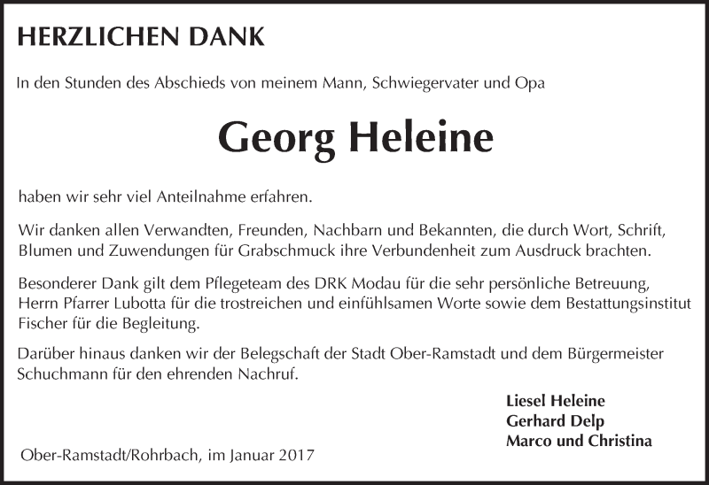  Traueranzeige für Georg Heleine vom 14.01.2017 aus Trauerportal Echo Online